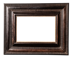 Wall Mural - old very wide dark brown wooden picture frame isolated on white background with cut out canvas