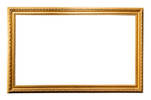 Old Horizontal Long Narrow Wooden Picture Frame Isolated On White Background With Cut Out Canvas