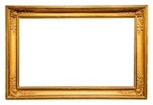 Old Horizontal Long Rococo Gold Picture Frame Isolated On White Background With Cut Out Canvas