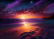 canvas print picture - Romantischer Sonnenuntergang am Strand mit Sternenhimmel, Generative AI