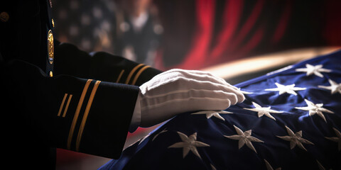 Wall Mural - Soldier grieving over casket draped with USA flag, military funeral. Generative AI