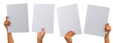 Various Blank Cardboard With Hands Isolated On White