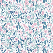 Sweet Pastel Small Liberty Many Kind Of Wild Flowers Pattern. Hand Drawn Meadow Pink Floral Seamless Vector Design For Fashion,fabric Wallpaper And All Prints On White Background