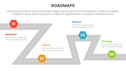 Poster - business roadmaps process framework infographic 3 stages with meandered roadway and light theme conc