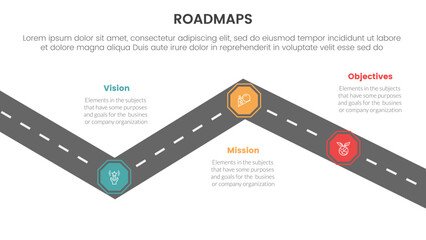 Poster - business roadmaps process framework infographic 3 stages with turning road and light theme concept f