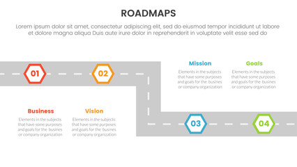 Poster - business roadmaps process framework infographic 3 stages with straight road way honeycomb shape and 