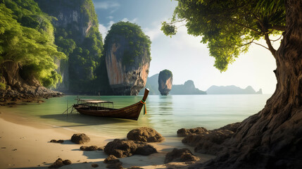 Wall Mural - Thai traditional wooden longtail boat. Illustration AI Generative.