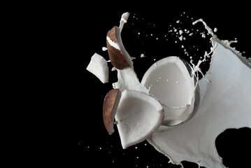 Sticker - Coconuts with milk splash on black background