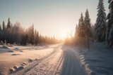 Fototapeta Do pokoju - Snowy and frozen mountain road in winter landscape. Generative Ai.