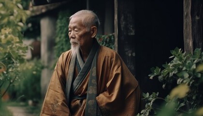 Asian old man wearing a kimono and standing in an ancient chinese backyard ai, ai generative, illustration