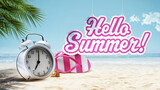 Fototapeta Kawa jest smaczna - Hello Summer sign with alarm clock