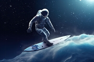 an astronaut surfing in the deep space. the spaceman on a surfboard is surfing the stars. generative