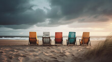 A Group Of Beach Chairs Left At A Sandy Beach During Stormy Weather