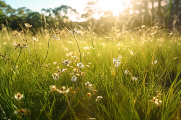 Wall Mural - A grassy field with sun rays passing through it, bokeh lights. Generative Ai. 