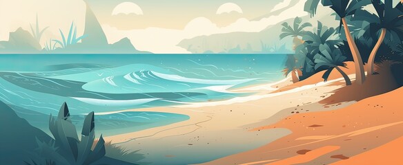 Sky and sun at sea background, ocean and beach vector island scenery empty cartoon. Ocean or sea water with waves and clouds in sky summer blue seascape with cloudy sky and seaside. Generative Ai