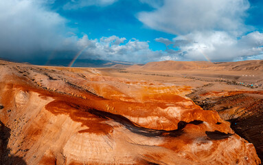 Aerial Altai Republic, Russia. Martian landscape Mars 2 in Chui steppe, Gorny Altay drone view