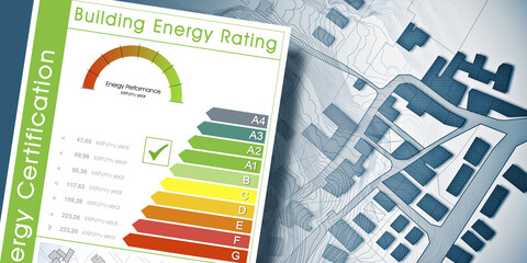 Buildings energy efficiency and rating concept with energy certification classes according to the new European law called Energy Performance of Buildings Directive (EPBD)