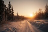 Fototapeta Do pokoju - Snowy and frozen mountain road in winter landscape. Generative Ai.