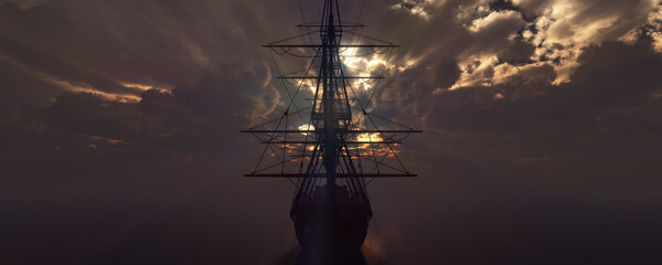 Wall Mural - old ship sunset at sea 3d rendering