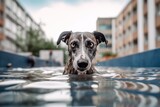 Fototapeta Uliczki - Medium shot portrait photography of a tired greyhound splashing in a pool against urban streets and alleys background. With generative AI technology
