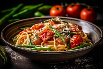 Spaghetti alla Amatriciana with pancetta bacon, tomatoes, bean and pecorino cheese