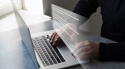 Poster - business technology hologram business icon virtual screen. A man typing hologram screen. technology virtual screen laptop, document, cloud office storage.