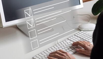 Poster - business background technology hologram business icon virtual screen. A man typing hologram screen. technology virtual screen laptop, document, cloud office storage