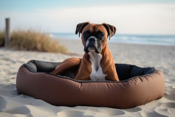 Wall Mural - Group portrait photography of a curious boxer sleeping in a dog bed against a beach background. With generative AI technology