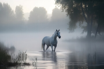 Canvas Print - Image of white horse running on water in foggy morning time on natural background. Wild Animals. illustration. Generative AI.