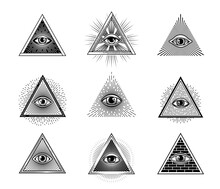 Illuminati Or Mason Pyramid Eye, Occult Providence Symbol, Vintage Mystic Tattoo, Esoteric Spiritual Sign. Gog All Seeing Or Providence Eye Masonic, Astrology Or Wizardry Vector Engraved Symbols