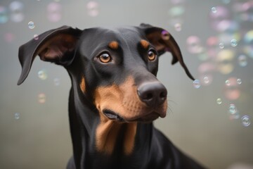 Environmental portrait photography of a curious doberman pinscher playing with bubbles against a pastel or soft colors background. With generative AI technology