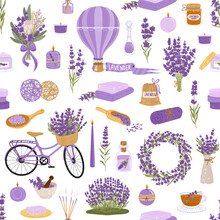 Lavender Flowers, Herb And Bunch Seamless Pattern. Vector Repeated Background With Wildflowers, Air Hot Balloon, Bicycle And Floral Wreath. Aroma Candle And Oil, Honey Jar, Spoon With Dry Herbs Or Tea