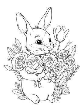 A bunny with flowers in a pot. Generative AI.