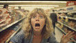 A terrified woman screaming in a grocery store.