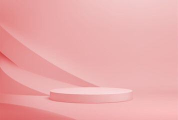 Pink or coral round podium. Fashion shop showcase mockup scene, cosmetics product presentation pedestal. Exhibition gallery space realistic vector pink color background with empty podium