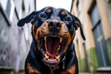 Fototapeta Uliczki - Medium shot portrait photography of an aggressive rottweiler having a smoothie against urban streets and alleys background. With generative AI technology