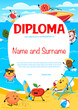 Kids diploma, cartoon funny fruits on summer beach. Education school or kindergarten certificate, vector award frame template with lychee, grapefruit, feijoa and dragon fruit. Kiwi, quince, mango