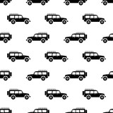 Fototapeta  - Black SUVs isolated on white background. Monochrome off-road seamless pattern. Vector simple flat graphic illustration. Texture.