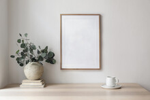 Empty Wooden Picture Frame, Poster Mockup Hanging On Beige Wall Background. Vase With Green Eucalyptus Tree Branches On Table. Cup Of Coffee, Books. Working Space, Home Office. Modern Art Display.