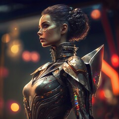 Female cyborg in futuristic fashion space suit into the distance. Generative ai