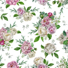 Seamless Floral Pattern With Pink, White Peonies And Leaves On White Background, Realistic Botanical Watercolor Illustration. Template Design For Textiles, Interior, Clothes, Wallpaper. Botanical Art