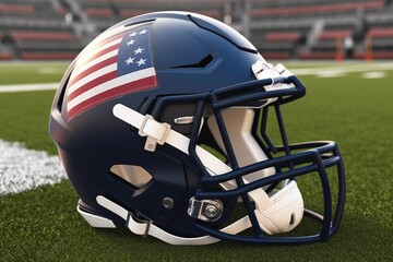 Wall Mural - American football helmet with American flag, stadium and grass, digital illustration. Generative AI