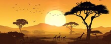 African Savanna Landscape At Sunset With Big Sun, Wild Animals And Birds Silhouettes Illustration. Generative Ai View