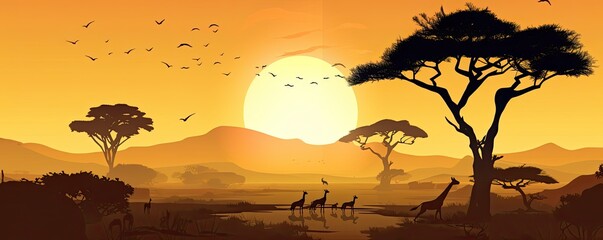Wall Mural - African savanna landscape at sunset with big sun, wild animals and birds silhouettes illustration. Generative ai view
