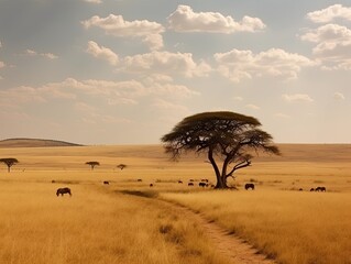 Wall Mural - Panorama of a typical savannah landscape with acacia trees, animal silhouettes and road in Africa. Generative ai view