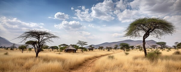 Wall Mural - Panorama of savannah with acacia trees, huts and cloudy sky like in Tanzania. Generative ai view