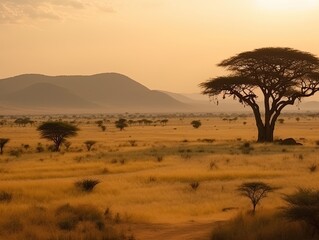 Wall Mural - Evening landscape in the savannah in Africa. Generative ai view with trees and mountains in the distance