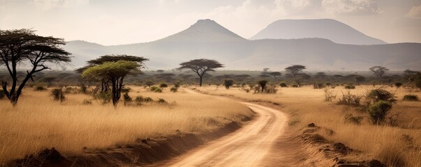 Wall Mural - Typical African savannah landscape with acacia trees, road and high mountains in Africa. Generative ai view