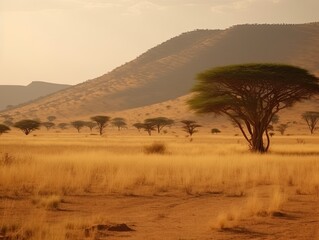 Wall Mural - Beautiful African savannah with acacia trees and mountains in distance in golden hour. Generative ai view