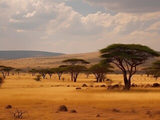Wall Mural - African savannah landscape with acacia trees in Africa. Generative ai view